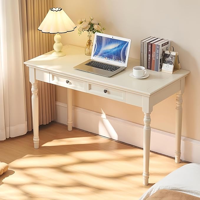 White Writing Desks with Drawers 47 Solid Wood French Country Style Computer Desk for Home Office Living Room Study or Workspace