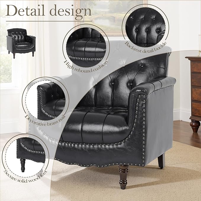 Pia Ricco Faux Leather Armchair Set of 2 Modern Accent Chairs with Nailhead Trim and Solid Wood Legs Upholstered Comfort for Living Room Office Bedroom - Bule Black