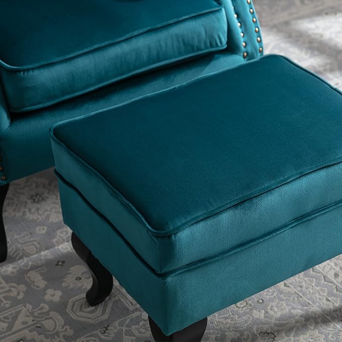 chairus Mid-Century Modern Accent Chair with Ottoman Comfy Velvet Single Sofa Chair Button Tufted Wingback Armchair with Pillow for Living Room/Bedroom/Club - Teal