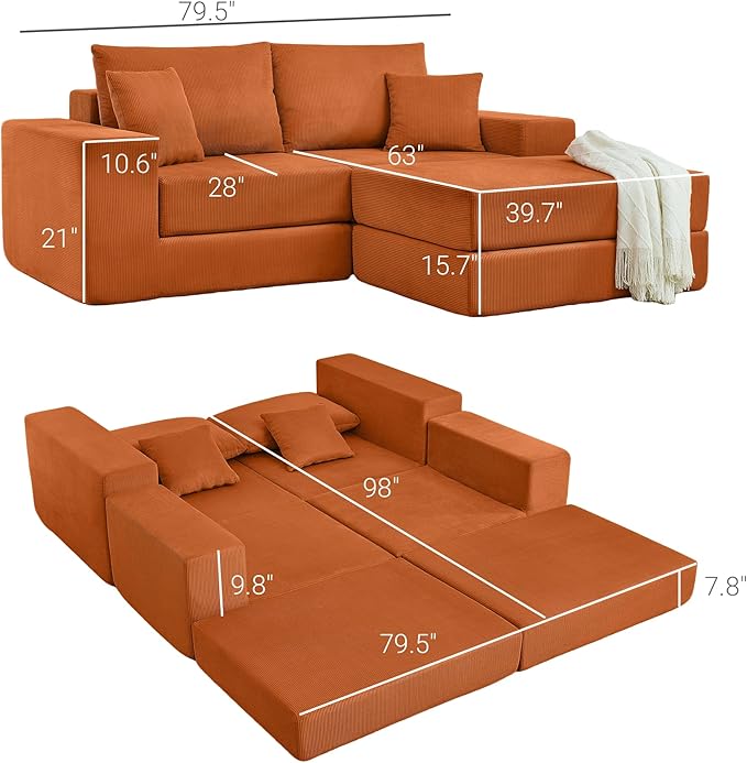 Boneless Couches for Living Room Modern Corduroy Couch Convertible Sleeper Sofa Folding Sofa Bed Mattress Couch for Bedroom Small Spaces - No Assembly Needed in Orange