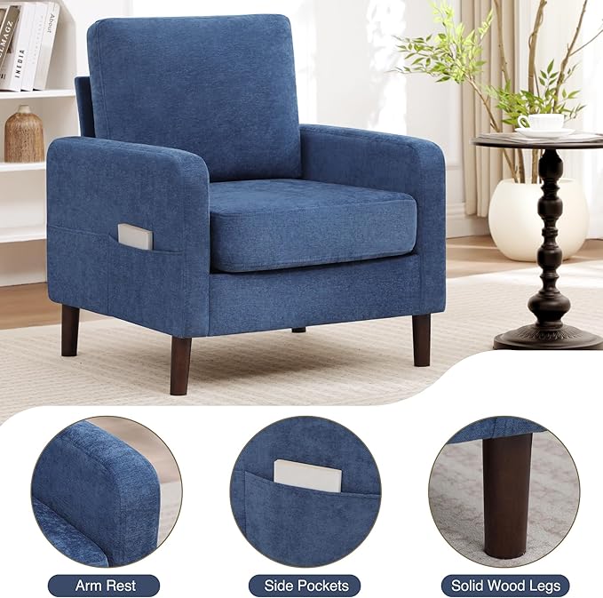 Accent Chair for Living Room Modern Reading Chair for Bedroom Upholstered Armchair with Wood Legs and Side Pockets Single Sofa Side Chair for Office Small Room Apartment Blue Black