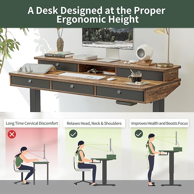 FEZIBO Height Adjustable Electric Standing Desk with 5 Drawers 55 x 24 Inch Table with Storage Shelf Sit Stand Desk Black Frame/Rustic Brown Top 55 inch