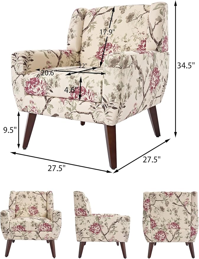 Accent Chair Modern Linen Blend Arm Chair for Living Room Bedroom Comfy High-Resilient Sponge Reading Chair for Small Spaces (Pattern Red Floral Set of 2)