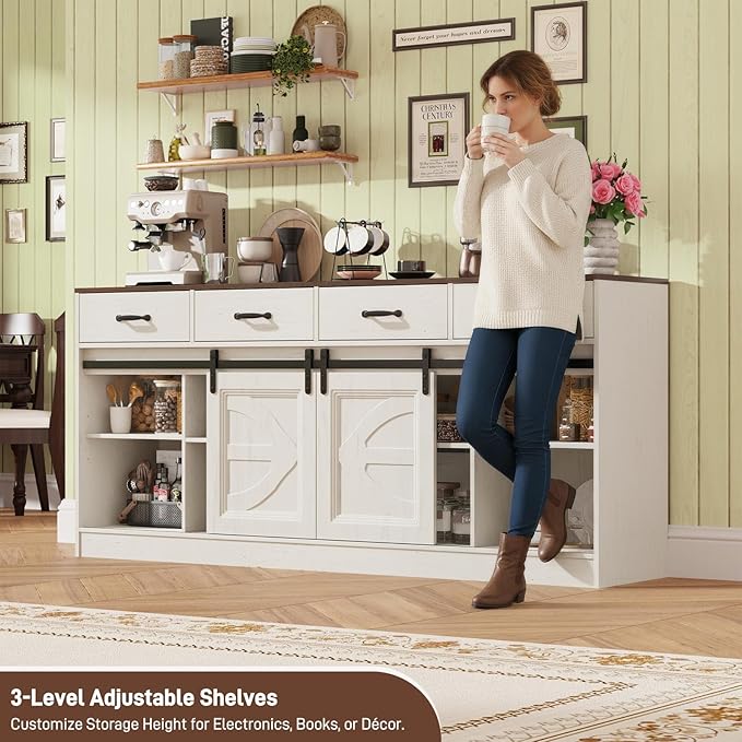 St.Mandyu 70 Large Farmhouse TV Stand for 85/80/75/70 Inch TVs w/4 DrawersRustic Tall Media Console w/Sliding Barn Door Adjustable ShelvesTall Entertainment Center for Living RoomWhite