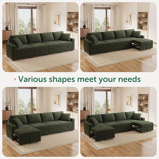 HONBAY 121.3 Inch Modular Sectional Sofa L &amp U Shaped Pull Out Couch with Adjustable Backrest &amp Storage Velvet Green