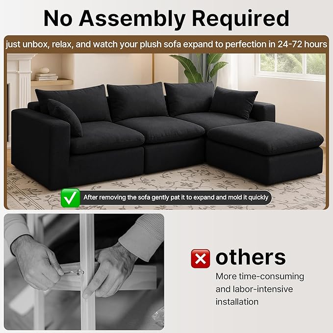 91.34 No Assembly Required Sectional Couch Modern 6-Piece Frameless Modular Sofa with Ottoman Deep Seat Cloud Couches for Living Room Oversized Chenille Comfy Sofa Black