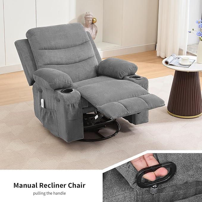 Large Recliner Chair with Massage and Heat 360 Swivel Glider with Cup Holder 8 Vibrating Massage Nodes with 5 Modes Dual Cup Holders &amp Side Pockets Single Sofa Chairs for Living Room Grey