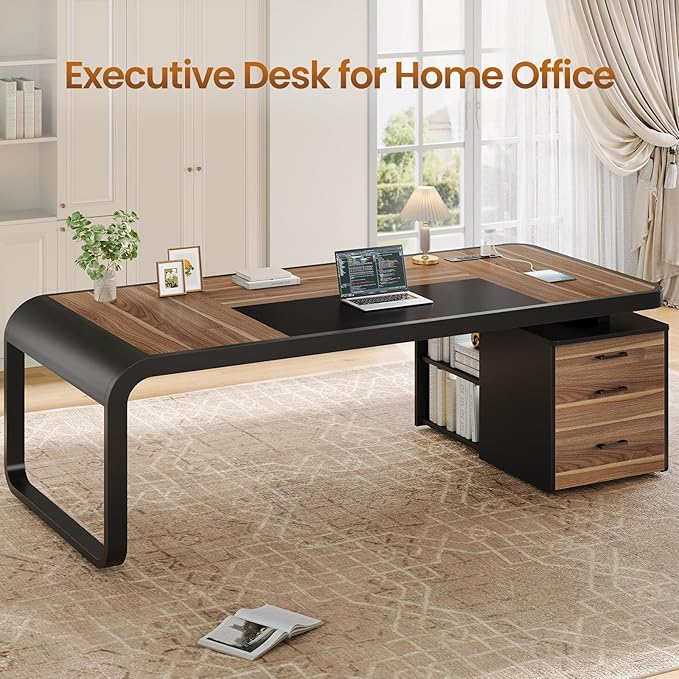 Itaar 70.9 Executive Desk Large Computer Desk with Drawers and Lateral File Cabinet Office Desk with Removable Shelves Business Furniture Desk Workstation for Home Office Walnut