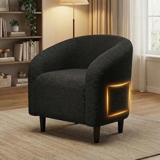 Modern Accent Barrel Chair Comfy Teddy Fabric Club Armchair with Side Pocket Easy Assembly Living Room Corner Chair for Bedroom Office Reception Space
