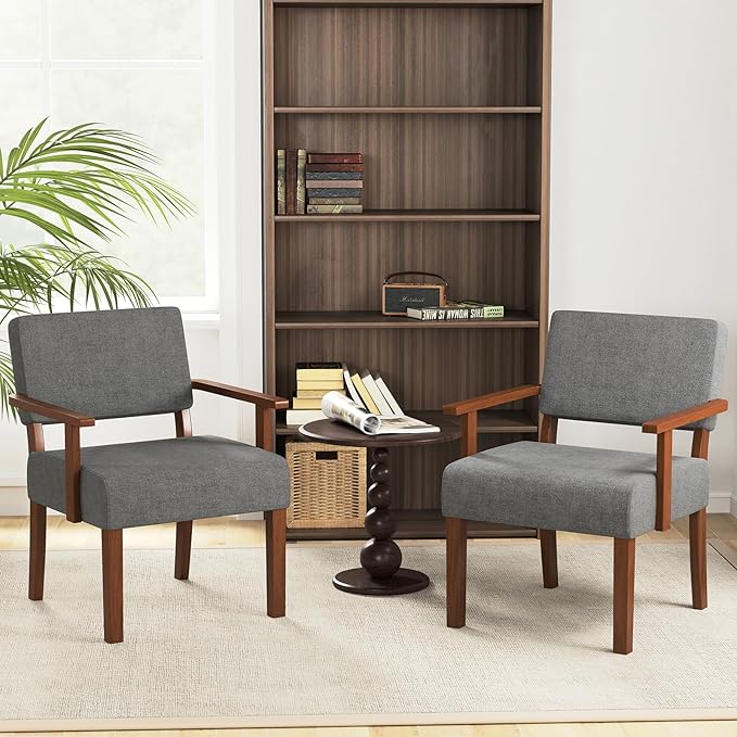 KOMFOTT Upholstered Accent Chair Mid-Century Modern Armchair with Rubber Wood Frame Linen Fabric Living Room Chair with Padded Seat &amp Backrest Comfy Reading Chair for Bedroom Waiting Room Gre