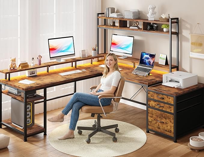 EnHomee 64 x 60 Inches L Shaped Desk with Hutch and Drawers Gaming Desk with Power Outlet &amp Monitor Stand &amp LED Lights Computer Corner Desk Two Person Office Desk for Living Bedroom Rusti