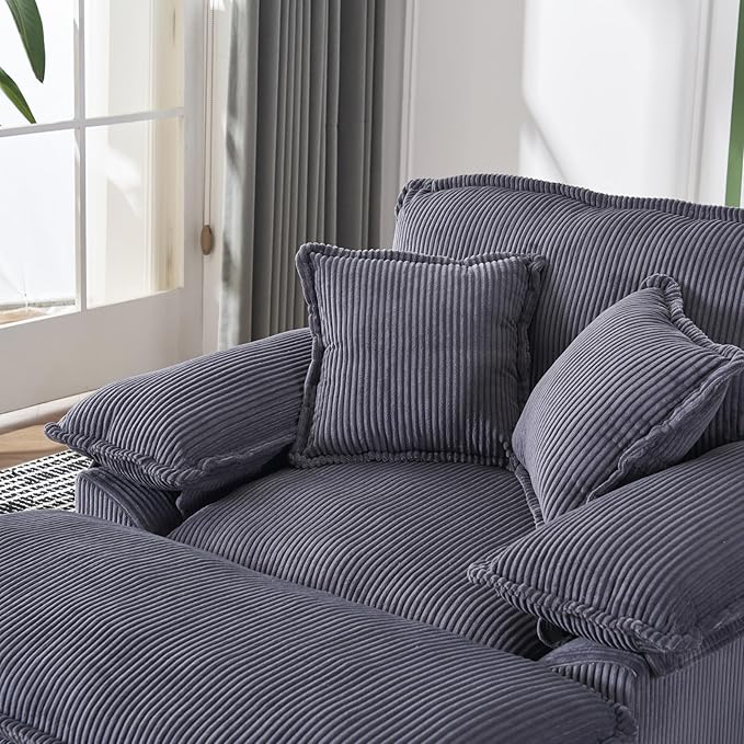 Oversized Chaise Lounge Indoor 56.3 Big Comfy Modern Sleeper with Removable Ottoman Wide Armrest and 2 Pillows Corduroy Couch with Deep Seat Lounge Chair for Living Room Reading Bedroom (Grey)