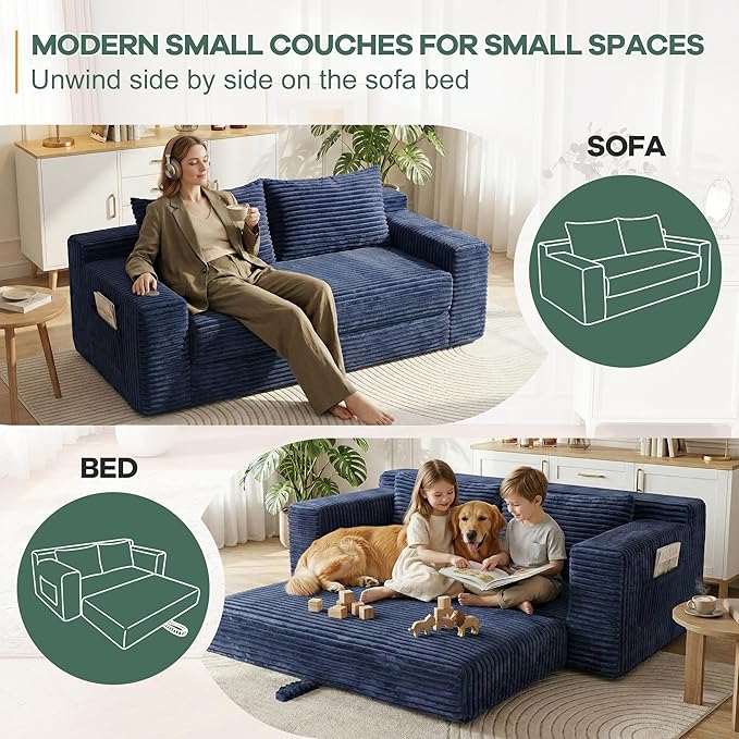 73 Convertible Sofa Bed 2 in 1 Folding Couch Bed Boneless Couch in a Box Cloud Loveseat Sleeper Fold Out Comfy Floor Futon Sofa with 2 Pillows for Living Room Bedroom No Assembly (Blue 73)