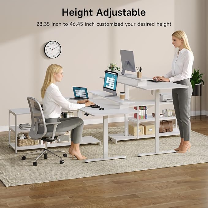Standing Desk with File Cabinet 63x24'' L Shaped Electric Stand Up Desk with Adjustable Monitor Shelf Adjustable Height 28-46'' for Home and Computer Workstation White