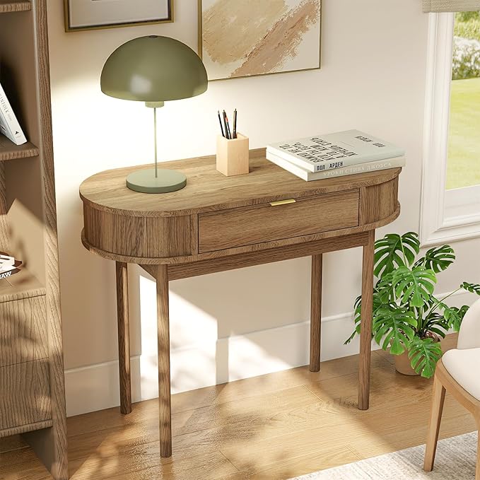 Writing Desk with Drawer 39 Small Computer Desk with Fluted Design Oval Wood Study Table for Small Space Modern Home Office Desk Makeup Vanity Table for Bedroom Brown