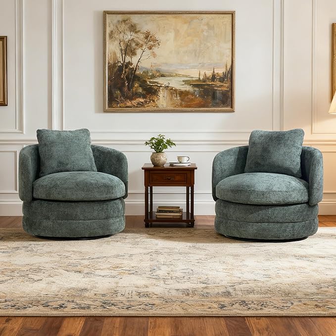 Aoiy &amp Wifon 30 W Swivel Barrel Chairs Set of 2 360 Degree Upholstered Swivel Accent Chairs Comfy Modern Living Room ArmChairs for Living Room Bedroom Reading Room Apartment Chenille Green