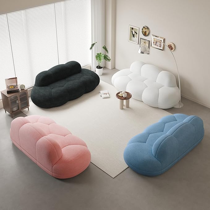 Boneless Small Couch for Bedroom 90 Modern Curved Boucle Couch Comfy Upholstered Cloud LoveSeat Floor Sofa Deep Seat Leisure Bubble Couches for Living Room Small Space (Blue No Installation)