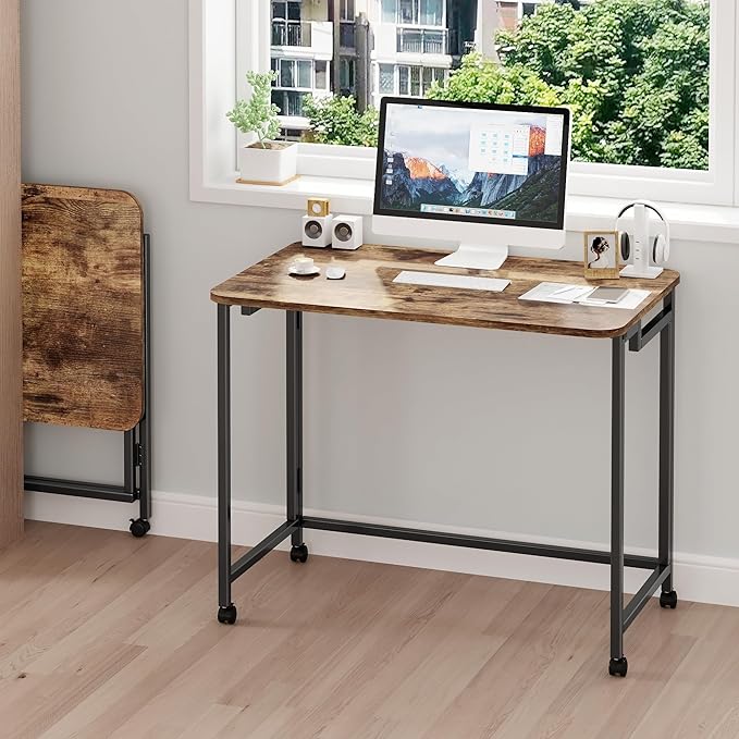 JSB Small Folding Computer Desk with Storage Bag and Hook Writing Modern Industrial Work Table Laptop for Home Office White (Rustic &amp Brown 31.5)