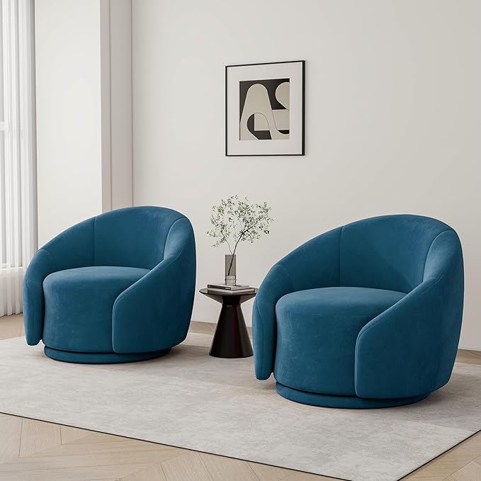 Swivel Barrel Accent Chair 360° Small Round Sofa Chair Comfy Modern Reading Armchair for Living Room Bedroom (Velvet Blue Set of 2)