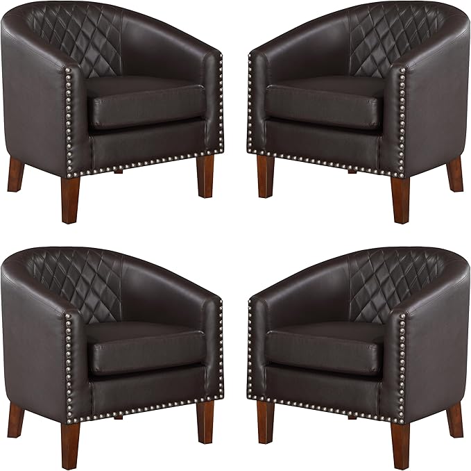Prilinex Comfy Barrel Accent Chair Set of 4 - Faux Leather Living Room Chair Club Chair with Cushion Diamond Grid Backrest &amp Nailhead Trim Guest Chair for Office Bedroom &amp Waiting Room Bro