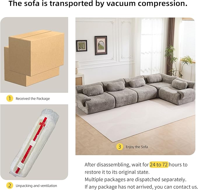 148.2 Boneless Couches for Living Room Cloud Modular Sectional Sofa in a Box Memory Foam Modern Couch Big Comfy Compressed Sofas L Shaped Couch with Corner Bedroom Apartment Light Grey