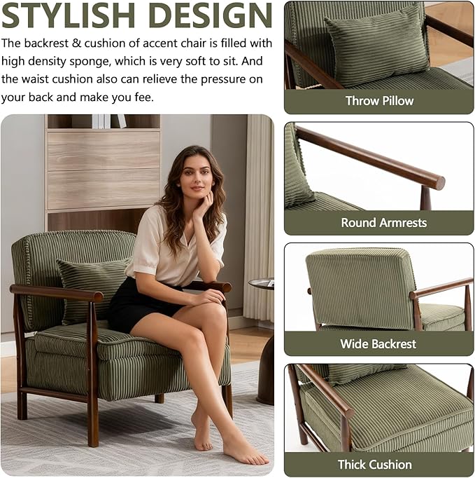 Green Accent Chair with Storage 24 W Mid Century Modern Chair with Cushion Upholstered Corduroy Reading Chair with Wooden Legs Comfy Arm Chairs for Living Room Bedroom (Green)