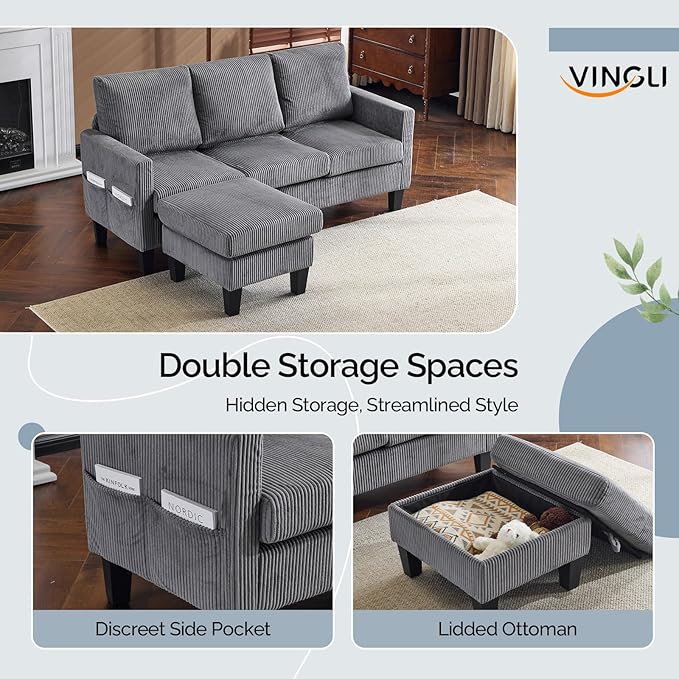 VINGLI 68.5' L Shaped Couch with Removable Storage Ottoman Convertible Sectional Sofa in Corduroy Fabric Modern Reversible Chaise Couch for Small Spaces Apartment Living RoomGrey