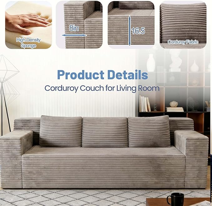 71 Small Boneless Couch Corduroy 3 Seater Couch for Living Room with 3 Pillows &amp Armrests Deep Seat Sofa for Small Spaces Apartment﻿ (Camel) | Small Boneless Couch