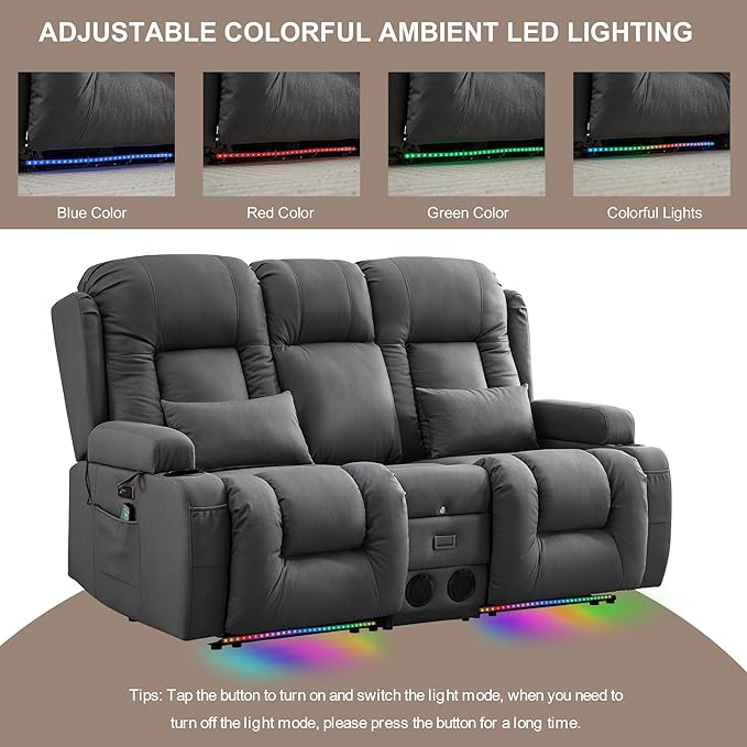 TUNYI Power Loveseat Recliner Sofa with Massage &amp Heat Home Theater Seating with Console RV Recliner Loveseat Sofa with USB/Storage/Side Pocket/LED Light/Speaker (Dark Grey Loveseat)