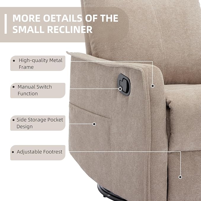 PELUMY 360 Swivel Rocking Recliner Chair for Adults Nursery Rocking Chair with Heat and Massage Glider Reclining Chair for Small Space Living Room Bedroom (Khaki)