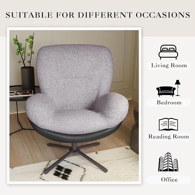 360° Swivel Accent Chair Modern Lounge Chair with Faux Leather and Black Metal Base Frame Comfortable Reading Chair for Small Spaces Living Room Bedroom Reading Corner OfficeLight Gray
