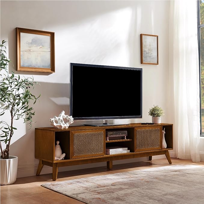 LKTART 68 Inch Mid Century Modern TV Stand with Rattan DoorsMCM Entertainment Center Media Console for 60/65/70/75 inch TVsLong Boho Television Stand for Living RoomLight Walnut