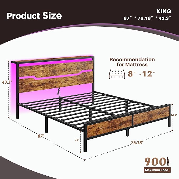 Full Size Bed Frame with LED Lights &amp Charging Station Bed Frame Full with Headboard13 Under Bed Storage Noise-Free Heavy Duty Metal Support Modern Brown