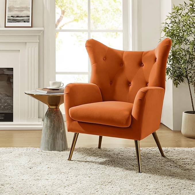 HULALA HOME Velvet Accent Chair Set of 2 Modern Wingback Arm Chair with Metal Gold Legs Velvet Tufted Upholstered(Orange)