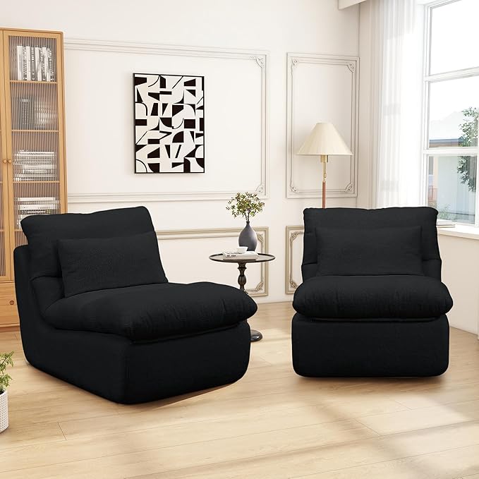 FHFO Sponge Single Sofa 32 Boneless Sofa for Small Spaces Comfy Sofas with Removable Cover Teddy Compression Sofa with Pillows for Living Room Bedroom Apartmen-Black