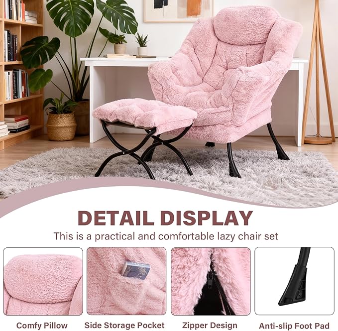 Lazy Chair with Ottoman Modern Accent Chair Lounge Leisure Sofa Chair with Armrests Reading Chair and Folding Footstool for Living Room Bedroom Office Plush Pink