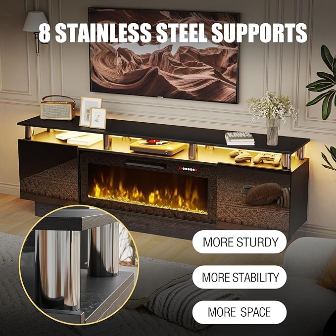 70 Modern Fireplace TV Stand with 36 Electric Fireplace for TVs Up to 80 inch Luxury LED Light Entertainment Center with High Gloss Cabinet TV Consoles for Living Room Black