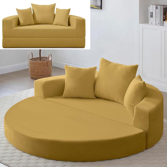 Yellow Boneless Loveseat Couch - 67 Circular Convertible Sofa Bed No Assembly Corduroy Folding Floor Futon with Pillows for Small Spaces (Yellow)