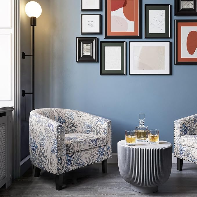BELLEZE Accent Barrel Chair Set of 2 Modern Faux Leather Tub Club Chair Upholstered Armchair with Gold Nail Head Trim and Black Legs for Living Room Bedroom Apartment Lounge - Blue Coral