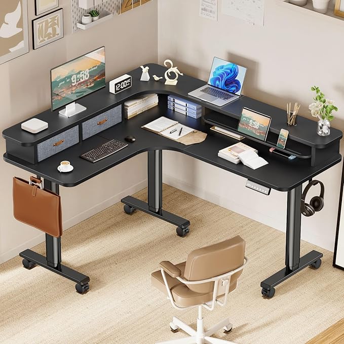 Flycity Electric L Shaped Standing Desk with Drawers 63 x 55 Corner Standing Desk Adjustable Height Stand Up Home Office Desk Dual Motor Sit Stand Desk with 3 Memory Preset &amp Lock Black