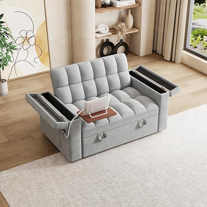 65 Modern Velvet Double Sofa 3 in 1 Foldable Computer Desk Sofa Bed with Adjustable Backrest Storage Bag and Pillow Hidden Living Room Laptop Desk with USB Port (Light Gray)