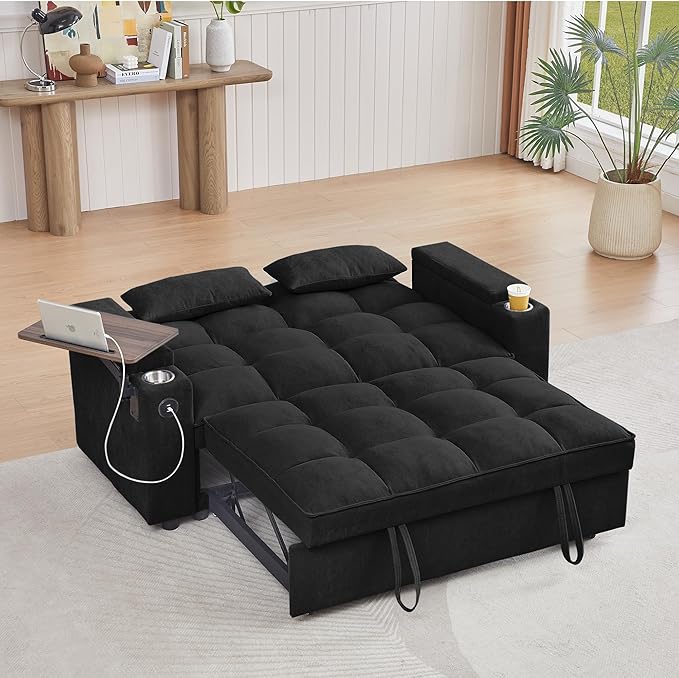 66 Multi-Functional Pull-Out Sofa Bed with Hidden Side Table Storage Armrests Built-in Charging Port Spring Mattress Solid Wood Frame – Ideal for Small Spaces Easy Assembly