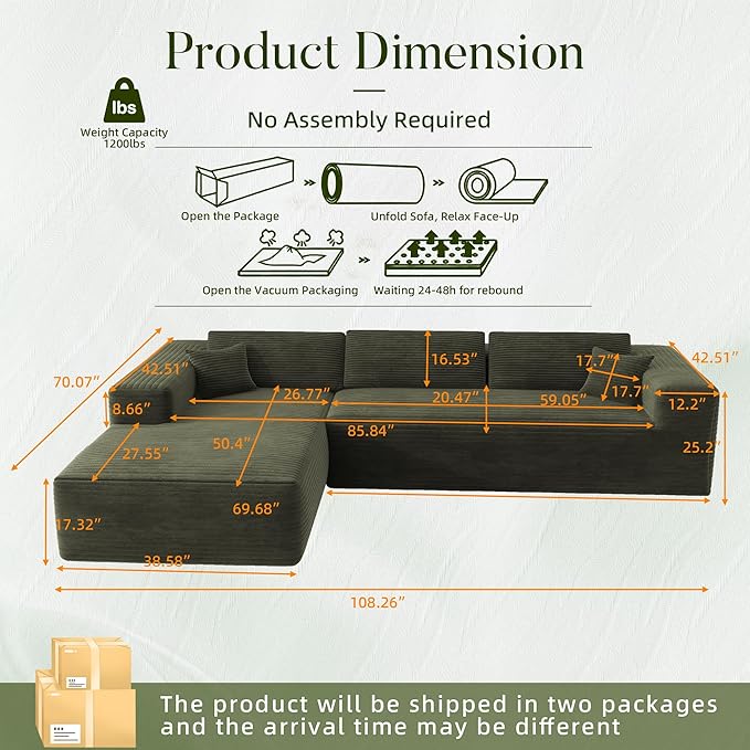 108 Cloud Sectional Couch with L-Shape ChaiseModern Corduroy Boneless Sofa with Deep SeatWide Armrest High Rebound Living Room Sectional CouchNo Assembly Required (Left ChaiseGreen)
