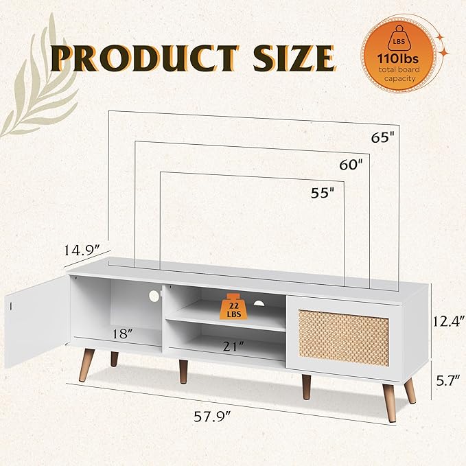 WLIVE TV Stand for 65 Inch TV 58 Boho Entertainment Center TV Stand for Living Room TV Console with 2 Storage Cabinets White