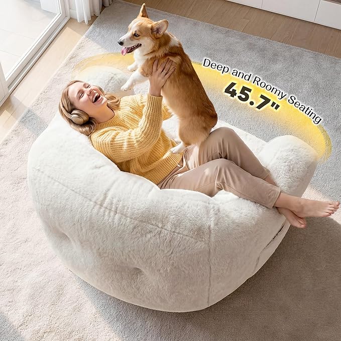 Giant Bean Bag Chair for Adults Shell-Shaped Oversized Bean Bag Couch with Armrests &amp Side Pockets Stuffed Floor Sofa for Reading Playing &amp Relaxing Beige