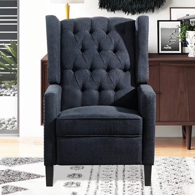 Black Mid Century Modern Recliner Wingback Accent Chair with Push Back Mechanism Button Tufted Fabric Sofa &amp Nailhead Trim - Comfy Living Room Seating for Home Theater Office