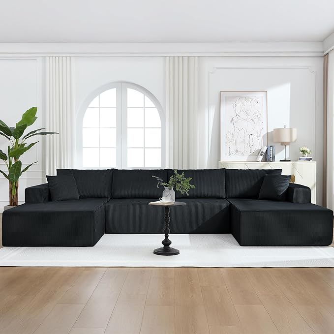Modular Sectional Sofa146 U-Shaped Boneless Sofa for Living RoomOversized 4-Seater Deep Seat Cloud CouchesCorduroy Upholstered Corner Sofa CouchNo Assembly RequiredBlack