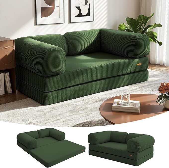 COMAX 4‑in‑1 Futon Sofa Bed Queen – Floor Foldable Convertible Sofa Couch with L‑Shaped Armrests Removable Cover Green Convertible Guest Bed | Space‑Saving Fold‑Out Mattress Lounge for Living Room