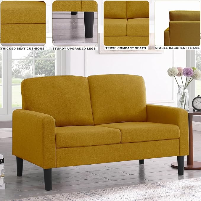 Flesser Loveseat Sofa 53 Small Couch Yellow Love Seat for Small Sapces Comfy Linen Fabric 2 Seater Couch for Bedroom Apartment Office All-Wood Couches Tool-Free