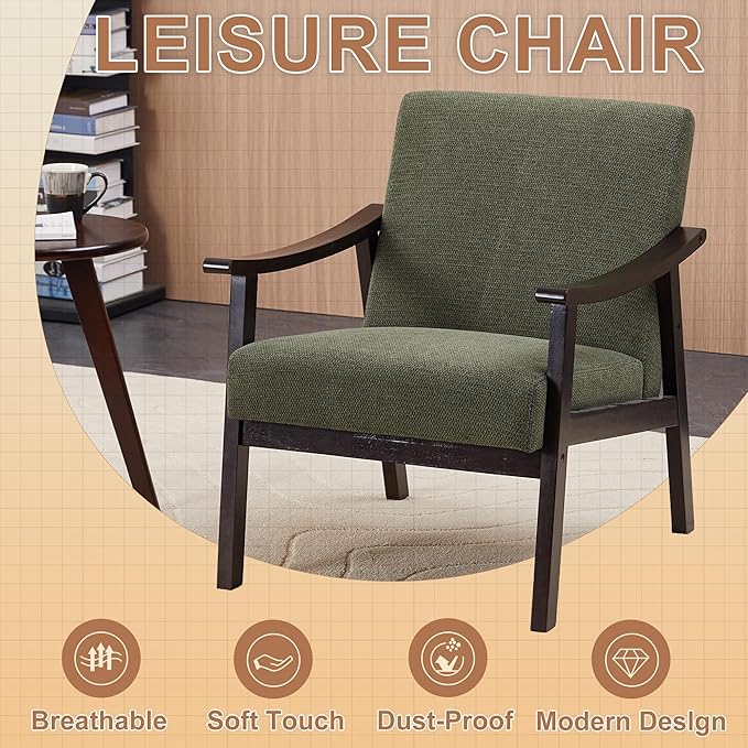 Medieval Modern Armchair High Back Antique Black Upholstered Chair with Solid Wood Legs Vintage-Inspired Reading Chair for Living Room Bedroom Study Lounge Furniture (Green)